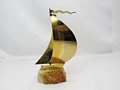 Vintage DeMott Signed Brass Metal Sail Boat Sculpture Onyx Base Nautical 8″