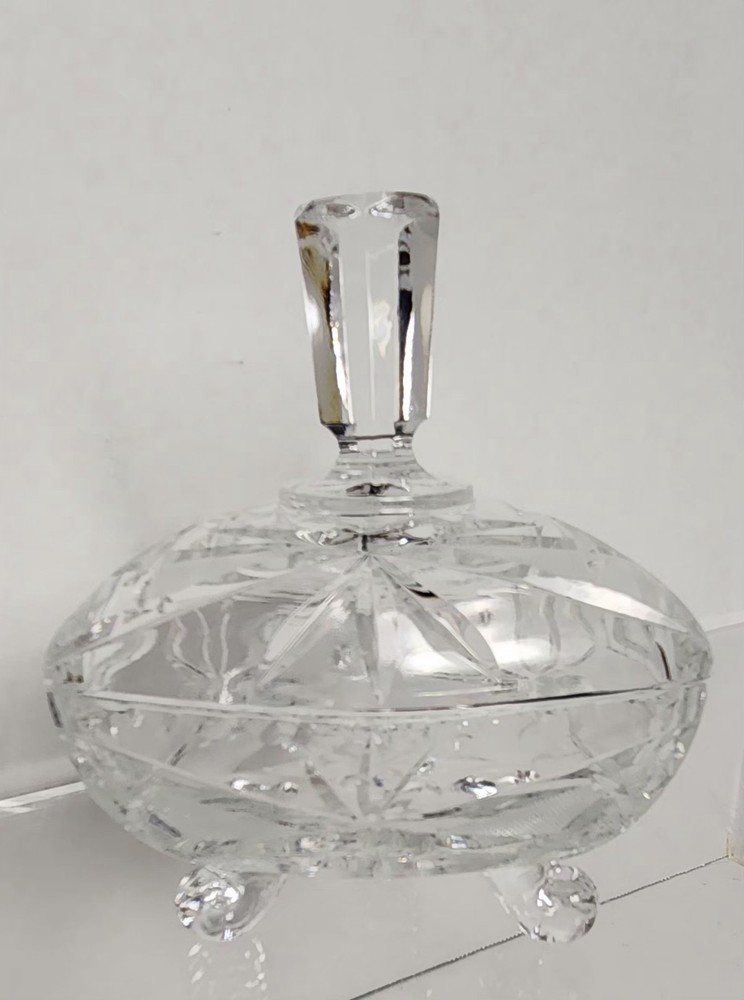 Vintage heavy Hand Cut Lead Crystal Triangle Shaped 3 footed candy dish with lid