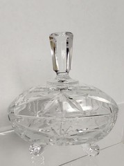 Vintage heavy Hand Cut Lead Crystal Triangle Shaped 3 footed candy dish with lid