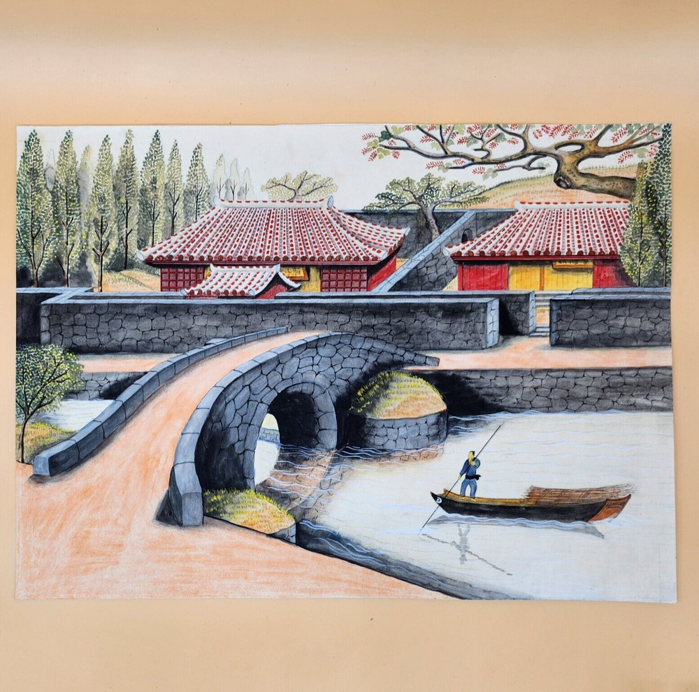 Japanese Watercolor/Gouache, Pagodas & River Bridge Scene, Unframed, Collectable