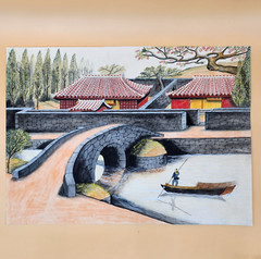 Japanese Watercolor/Gouache, Pagodas & River Bridge Scene, Unframed, Collectable