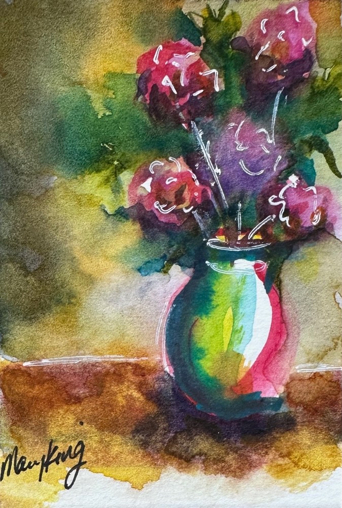 Watercolor ACEO 2.5″ x 3.5″ Original Painting by Mary King – Flowers in Vase