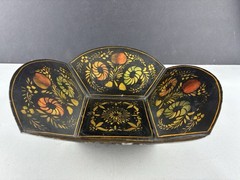 Vintage Metal Stenciled Tole Painted Bread Bowl 11″ x 11″ x 3″ High ~ Colorful
