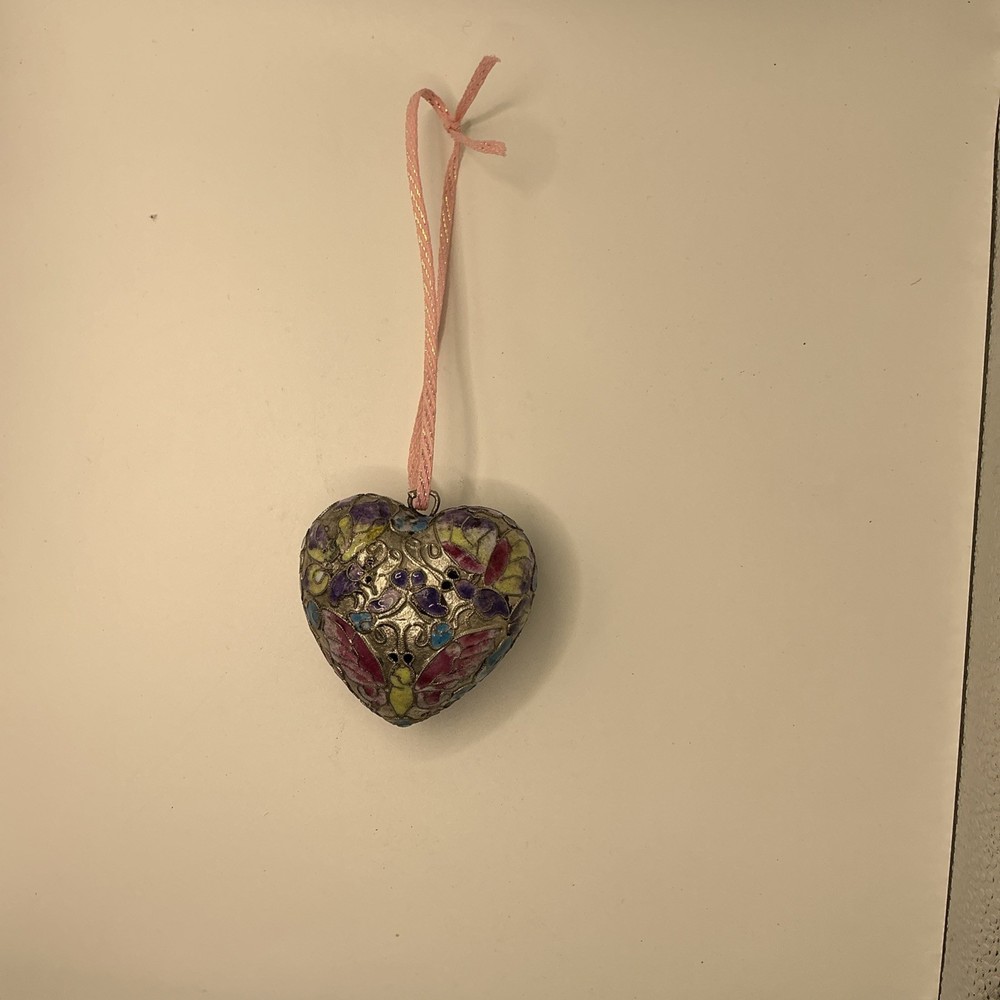 Vintage Cloisonné Brass & Enamel Puffy Butterfly Heart Hanging Ornament