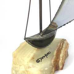 Vintage Sailboat Sculpture Silver Tone Metal Onyx Signed John DeMott 15″ H