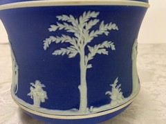 Wedgwood Jasperware Biscuit Barrel Antique Classic Edwardian Dark Blue EPNS Lid