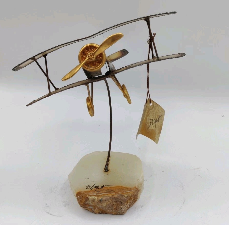 Vintage MCM Demott BiPlane Golden Metal Stone Base Art Decor Signed