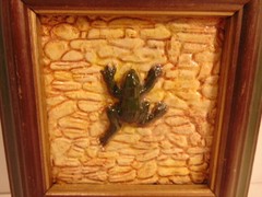 Modern framed decorative tile with high relief frog; Studio label on reverse