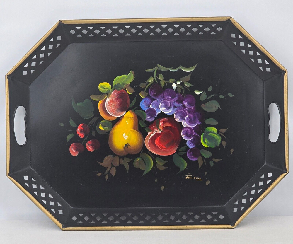 VTG Nashco 20×15 Black Toleware Serving Tray Hand-Painted Signed by Francis