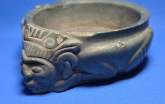 PRE COLUMBIAN AZTEC JADE OFFERING CONTAINER WITH TWO WARRIORS,EAGLE &JAGUAR