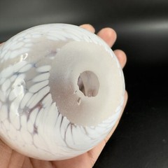 Hand Blown Art Glass Round Dish Bowl Heavy Small White Spots Hand Made Hollow