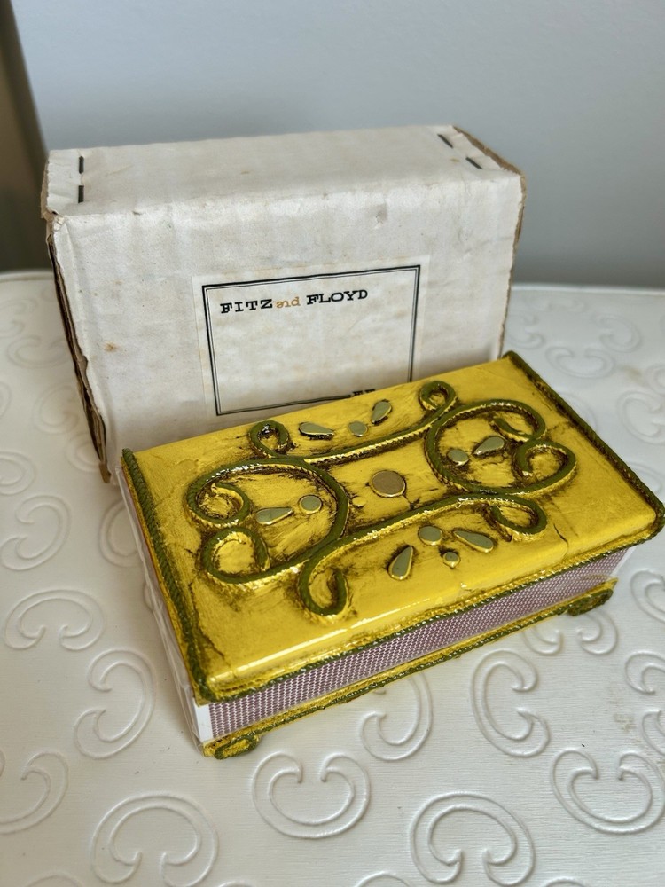 Rare Vintage Yellow & Green Metal Fitz & Floyd Large Match Box Cover In Box L@@K