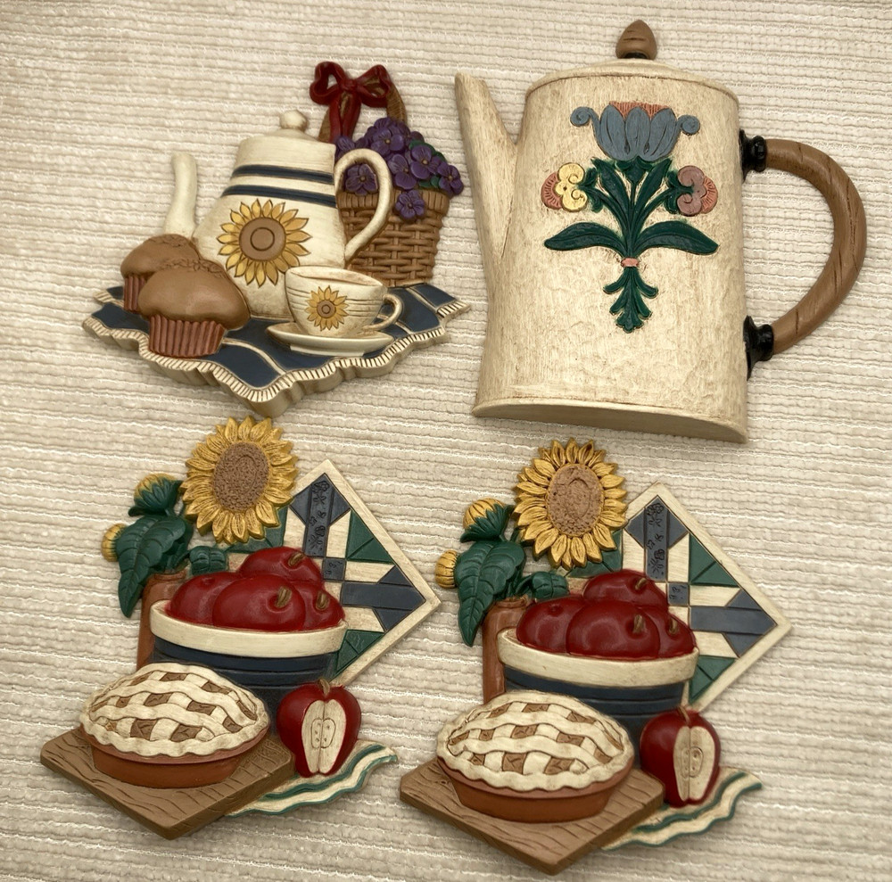 4 Vintage Home Interiors Kitchen Wall Art Plaques Pie Apples Teapots Sunflowers