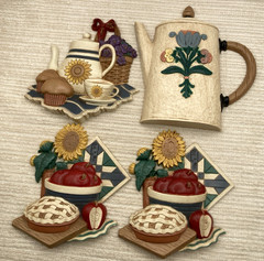 4 Vintage Home Interiors Kitchen Wall Art Plaques Pie Apples Teapots Sunflowers