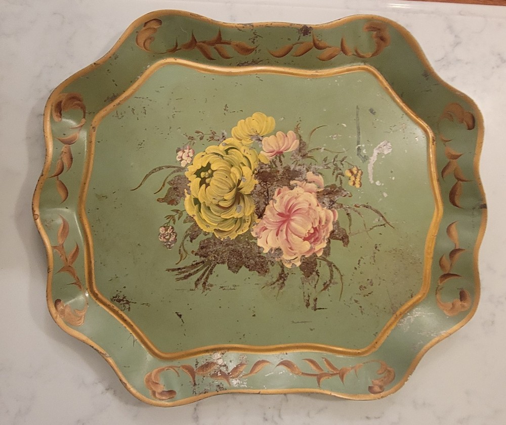 VTG Hand Painted Floral Serving Tole Tray Olive Green Stand Cottage Core Shabby