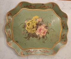 VTG Hand Painted Floral Serving Tole Tray Olive Green Stand Cottage Core Shabby