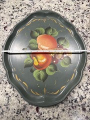 Vintage Hand-Painted Toleware Metal Tray Apple Peach Grapes 16 3/4” x 14”