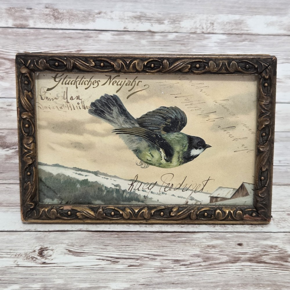 Antique Postcard Embossed Sparrow Bird Carved Wood Frame Wall Art