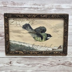 Antique Postcard Embossed Sparrow Bird Carved Wood Frame Wall Art