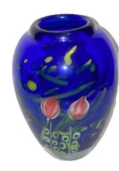 Cobalt Blue Art Glass Vase Flowers Heavy Arthur Kusak Millefiori Nice