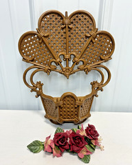 Burwood Vtg HOMCO 1981 Brown Faux Wicker Rattan Pocket Wall Decor w/ Flower Ring