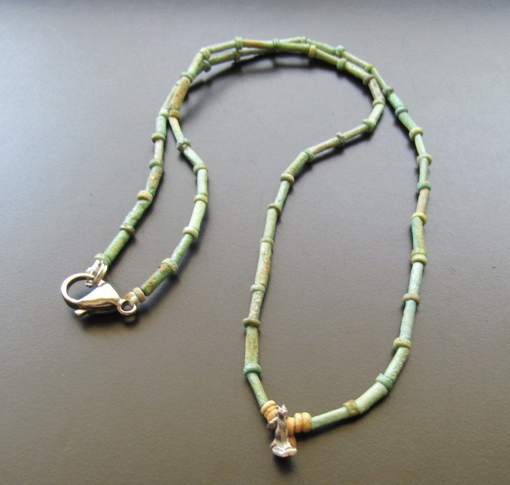 NILE Ancient Egyptian Silver Cat Amulet Mummy Bead Necklace ca 000 BC