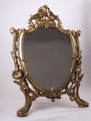 Art Nouveau Floral 14″ Metal Easel Back Table Mirror Signed