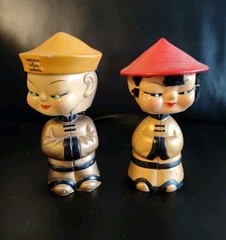 Vintage CDGC Pair of Asian Female Male Mandarin Bobbleheads – Japan