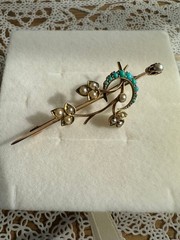 British 10k Antique Brooch Shamrock & Turquoise Moon Edwardian Style