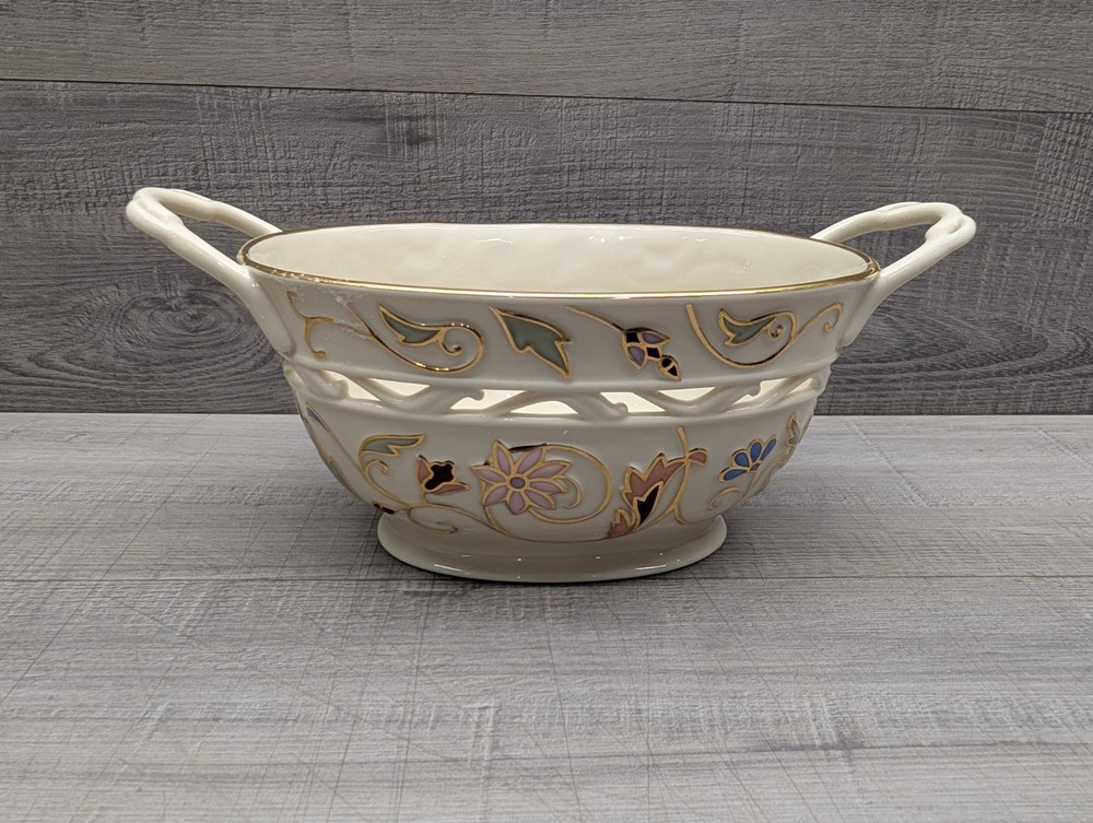 Lenox Gilded Garden Basket Off White Floral Gold Trim Porcelain Bowl Medium.