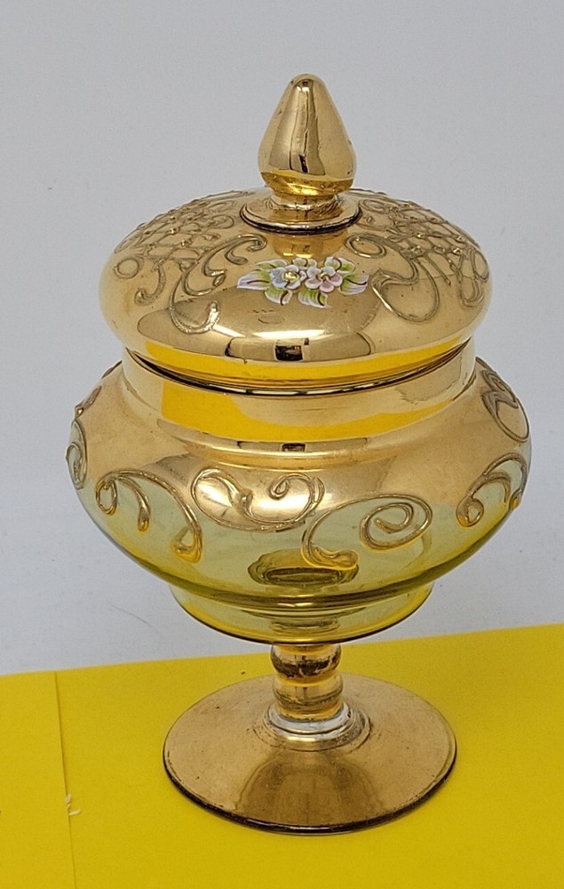 Vintage Gold Painted Textured Footed Glass Lidded Decor Dish Floral RARE