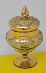 Vintage Gold Painted Textured Footed Glass Lidded Decor Dish Floral RARE