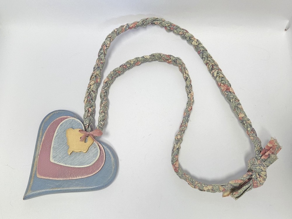 Cottagecore Blue Pink Wood Hearts Rabbit Hang Decor Braided Fabric Vtg Necklace
