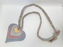 Cottagecore Blue Pink Wood Hearts Rabbit Hang Decor Braided Fabric Vtg Necklace