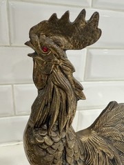 Vintage Art Nouveau Solid Brass Rooster Figurine Statuette With Red Glass Eye
