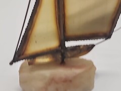 Metal Brass Sailboat Sculpture on Quartz Base Signed DeMott 9.5 in Nautical