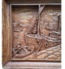 Carved Wood and Resin Relief Picture Panel Fishing Harbor Sea Scene 12″x9″