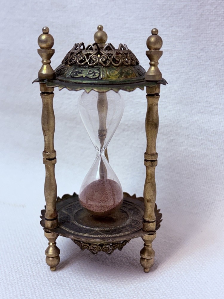 Ornate Antique Metal Glass Sand Hourglass