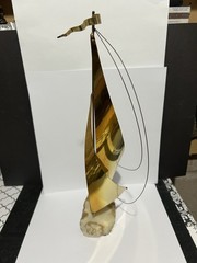 DEMOTT Signed Brass Sailboat On Onyx Base Sculpture Mid Century Modern 15” Tall