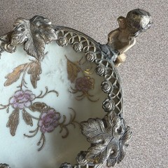 Antique Small Raised Meissen Bowl In Bronze Setting Footed 3 Cherubs 5″ Stunning