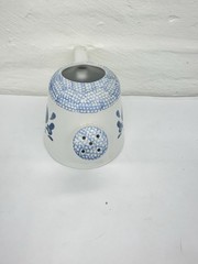 Vintage Pottery Watering Can with Blue Heart 5″ Tall 5.5″ Across Base Spongeware