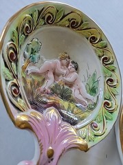 Antique SUNRISE ITALY Cherub Putti Porcelain Hand Painted Relief Trinket Dish 3D