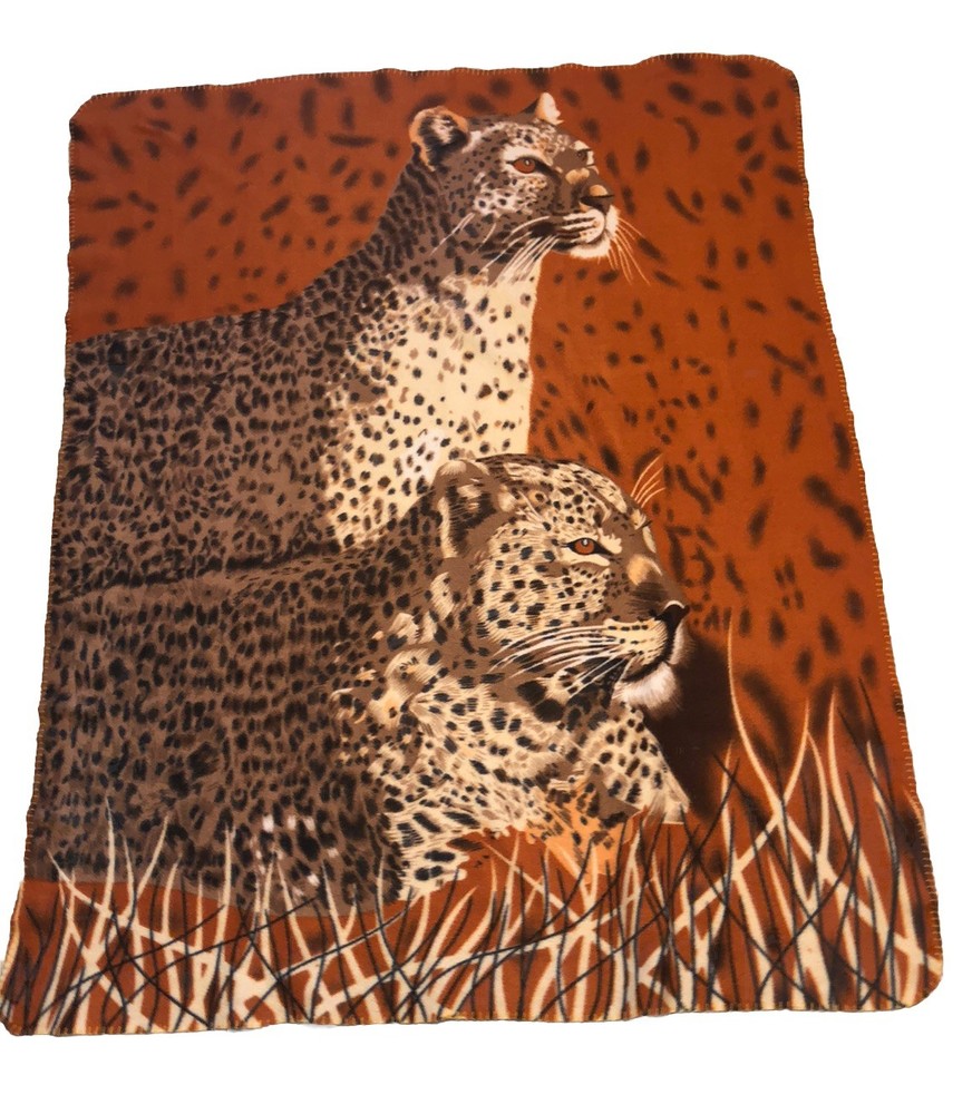 Vintage 😊 Rare fleece thin blanket 58” x 47” Two Leopard Cats￼ Brown Fun
