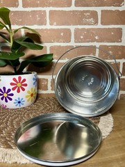 Vintage Rare Deco Metal Empty Tin Rainbow Sun Face Clouds Large With Handle