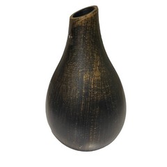 Distressed Black Carved Wood Vase with Silver Metal Floral Inlay Artisan Decor