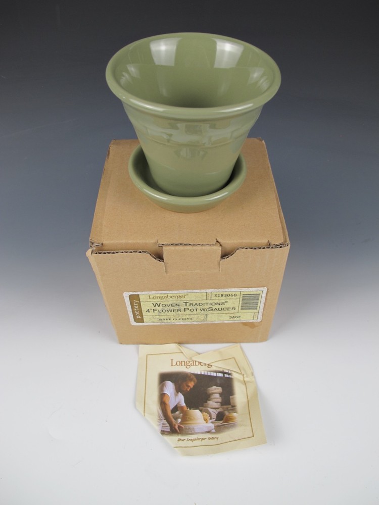 Longaberger Pottery Woven Traditions Sage 4″ Flower Pot w/ Saucer