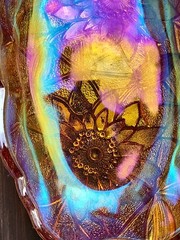 Amber Glass Candy Dish Carnival Glass Sunflower Pattern Oval Vintage Chip