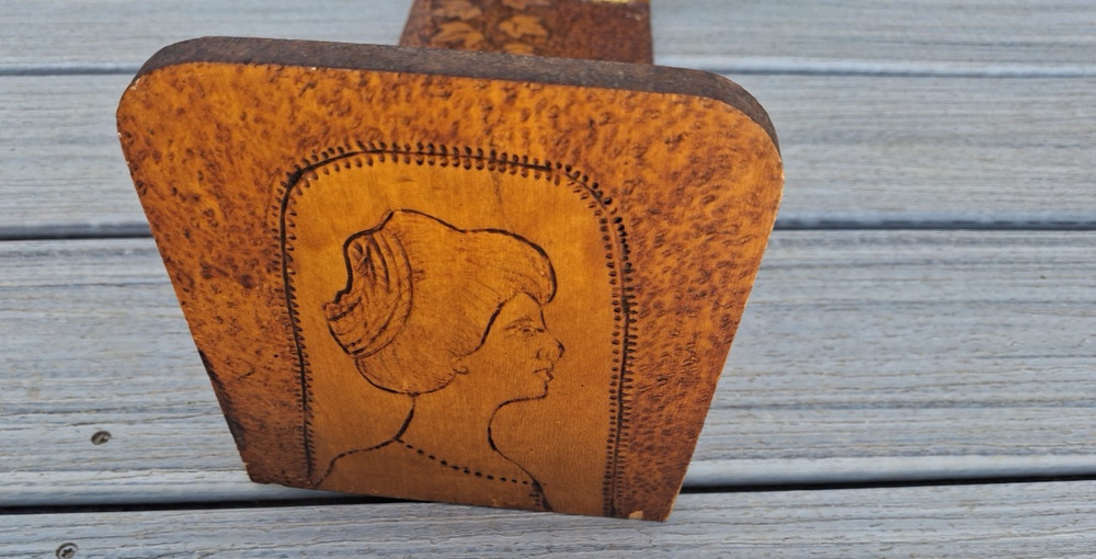 Antique Art Nouveau Expanding Bookend Wood Slide Flemish Folk Art