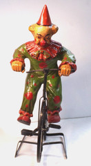 Vintage CLOWN ON BIG WHEEL Bicycle + display stand 16″ tall unbranded