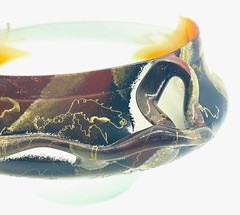 Art Glass Bowl Modernist Organic Brutalist Frosted Hand Painted Leaf And Vine